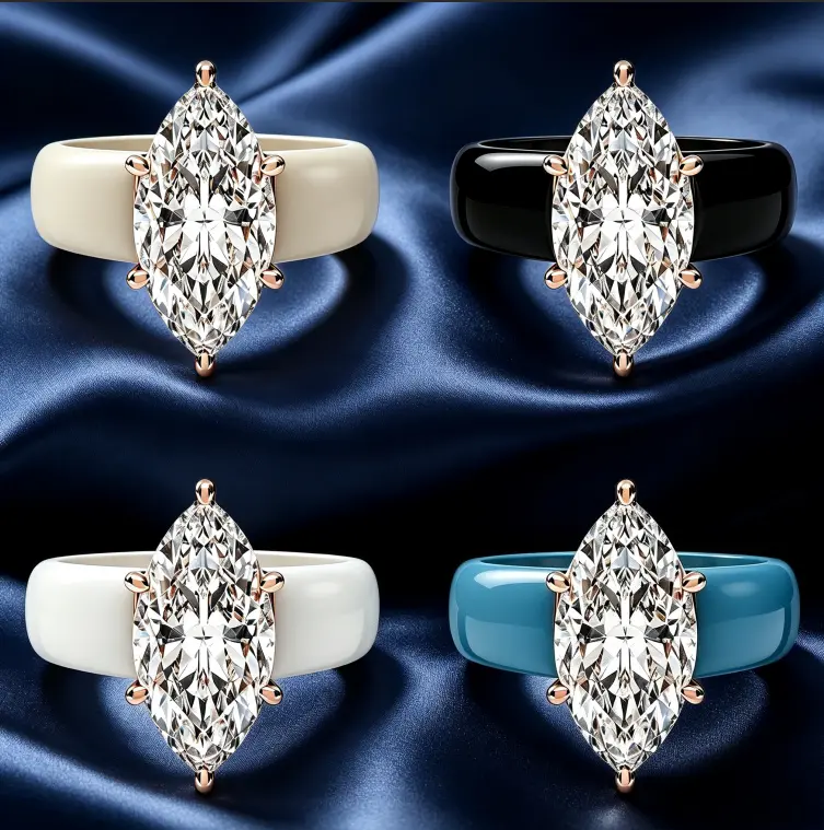 Modern Marquise Solitaire Ring, Rose Gold Prong Setting With Smooth Enamel Band, Multi Color Options, Ideal Statement Ring, Engagement Jewelry & Daily Fashion Accessory