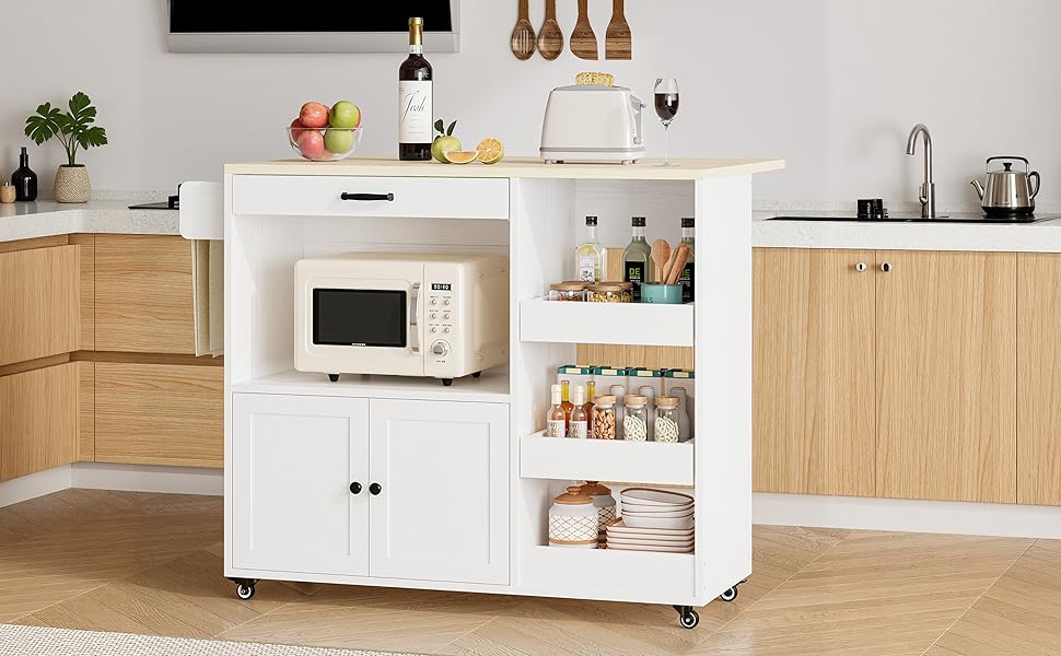 LIKIMIO Kitchen Island with Drop Leaf, Rolling Kitchen Island Cart on Wheels with Storage, Microwave Cart with Pull Out Open Shelves and Drawer, Mobile Kitchen Storage Islands