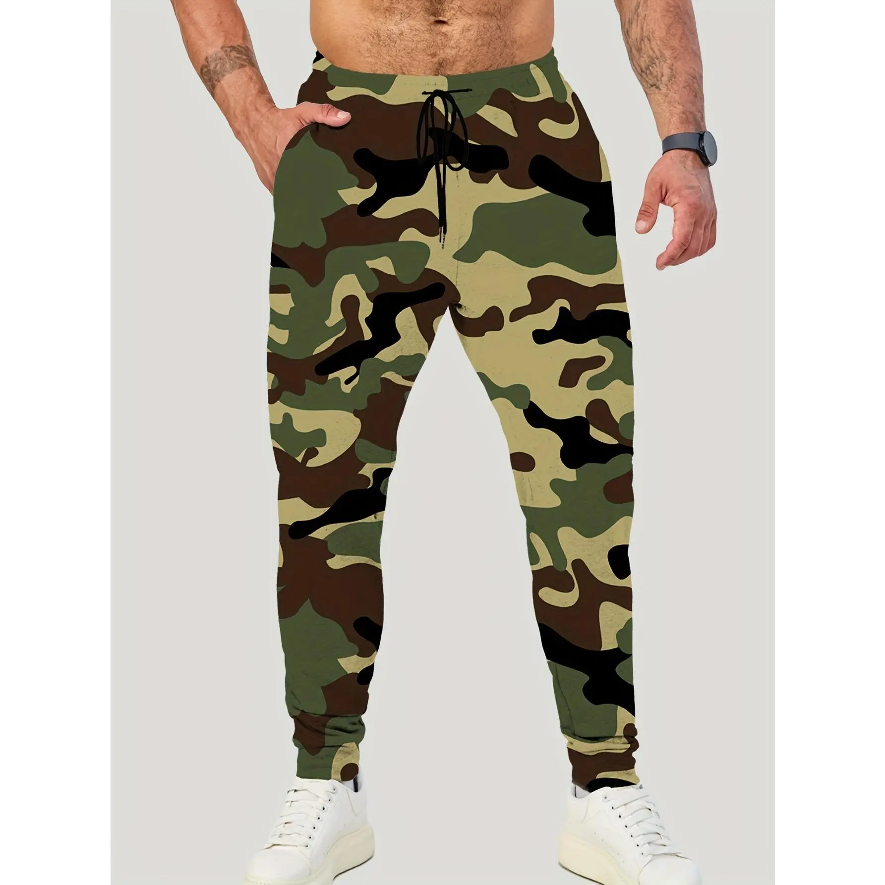 Men's Casual Camo Trackpants, Regular Fit Male Athletic Wear with Positioning Print, Polyester Knit Fabric, Camouflage, Dry Clean, Machine Washable, Non-Stretch