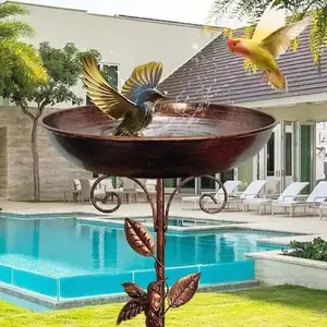 2-in-1 Bird Feeder & Bird Bath  Vintage Iron Ground Spike Design Weatherproof Metal Garden Yard Lawn Patio Outdoor Decoration