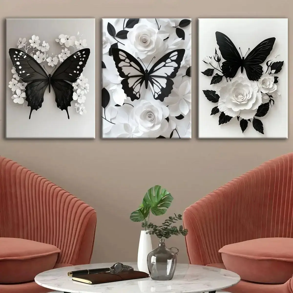 3PCS Black Butterfly Framed Canvas Wall Art Set - Modern Black-White Floral Botanical Prints, Waterproof, Artistic, Ready-to-Hang Room Decor for Women’s Bedroom & Living Room, Otaku Gift, Christmas Decor, Minimalist Graphic Print Proposal Poster