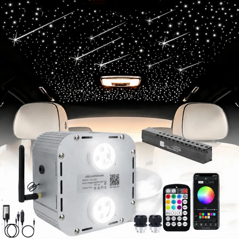 32W Dual Color 2000 Pcs Starlight Headliner Kit with Twinkle, 2000 Fiber Optic Strands+240pcs Shooting Stars Kit for Luxury big Vehicle  LED RGBW Starry Ceiling Light Car Roof Kit by Music APP and Remote Control for Car / Bedroom Ceiling