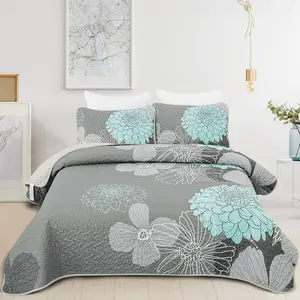 WONGS BEDDING Green Floral Quilt Set Queen King Size Grey Boho Bedspread Summer Quilt 3 Pieces Coverlet Soft Lightweight Bed Cover with 2 PillowShams