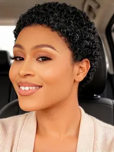 150% Density Short Pixie Cut Curly Human Hair Wig Full Machine Made None Lace Wear and Go Wig for Women Party Daily Use