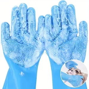 Pecute Pet Grooming Gloves, suitable for dogs and cats - Heat-resistant silicone bath gloves, high-density bristles, anti-slip hair removal gloves, used for hair removal and massage, waterproof dog and cat grooming set (blue)