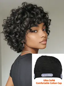 8 Inches Bouncy Curly Wig, Adjustable Human Hair Glueless Wigs, Pixie Cut Short Wigs with Bangs, Ultra Soft & Comfortable Cotton Cap