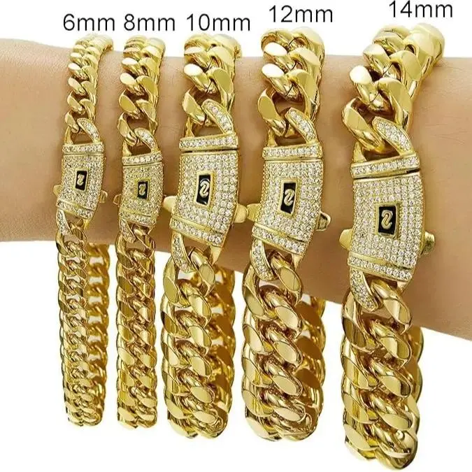 14K/18K Vacuum-gold Plated Stainless Steel Miami Cuban Link Chain Hip Hop Bracelet with 5A+ Canada Zircon CZ Jewelry Fashion Accessory Valentines Gifts for GF Men Women unisex Monaco italy Mexico & Micro Promise chains For Husband Boyfriend Birthd tiktoks
