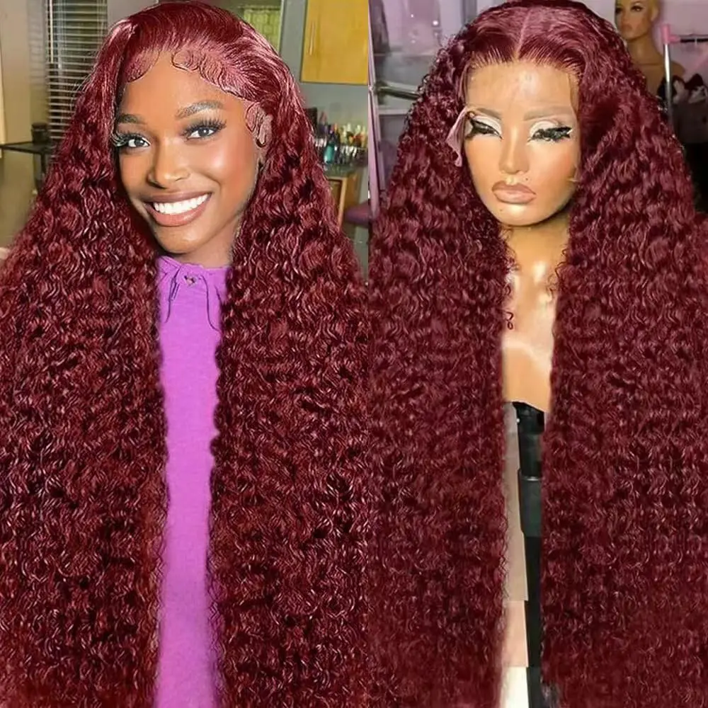 [30inch only $139.99]Hoyrhra 13x6 Deep Wave Lace Front Wig Human Hair Pre Plucked 99J Burgundy HD Lace Front Wigs Wine Red Colored Transparent Lace Front Wig Human Hair Pre Plucked With Baby Hair