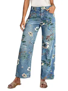 Floral Patterned Jeans for Women Trendy High-Rise Vintage Baggy Straight Leg Cropped Pants Y2K Denim Pants