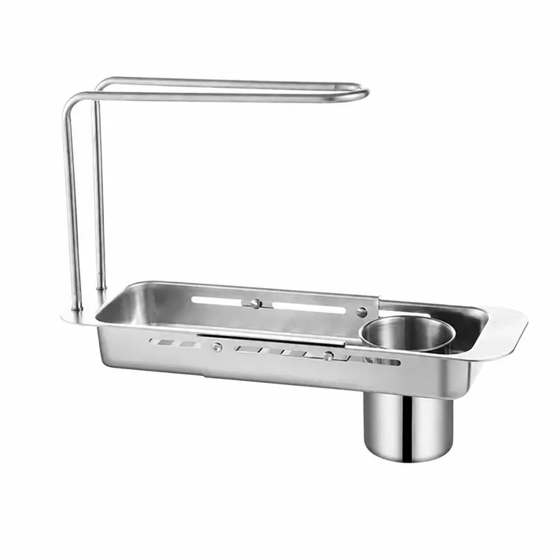 Stainless Steel Adjustable-Length Retractable Sink Organizer Rack - 1-Count Kitchen Storage with Towel Bar, Stainless Steel Draining Boards for Cleaning Supplies, Vertical Organizer Rack Draining Boards