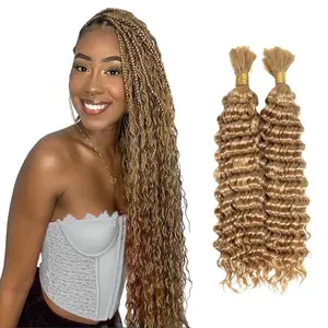 #27 Honey Blonde Deep Wave Bulk Human Hair for Boho Braids, 2 Bundles/Pack 100g 16 Inch No Weft 12A Curly for Human Braiding Hair Extensions