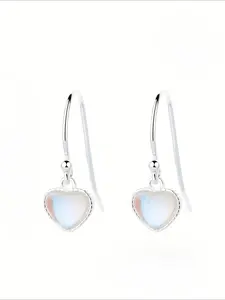 1 Pair of Elegant Boho Style Moonstone Heart Pendant Earrings, 925 Sterling Silver, Daily and Party Occasions, All Seasons