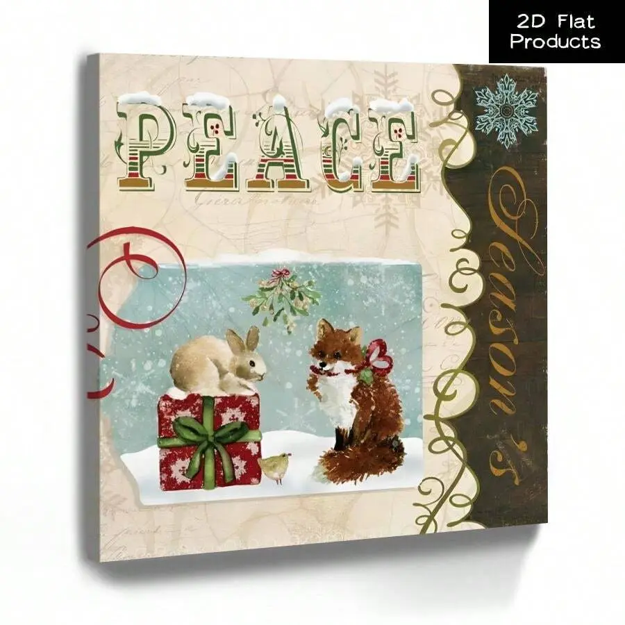 1pc Framed Christmas Canvas Poster, Christmas Peace Cute Winter Decor, Festive Rabbit, Fox, And Bird With Present Wall Art Paintings Ideal Gift For Living Room Bedroom Corridor Wall Decor Ready To Hang 8*8inch For Christmas Decor, 2D Flat