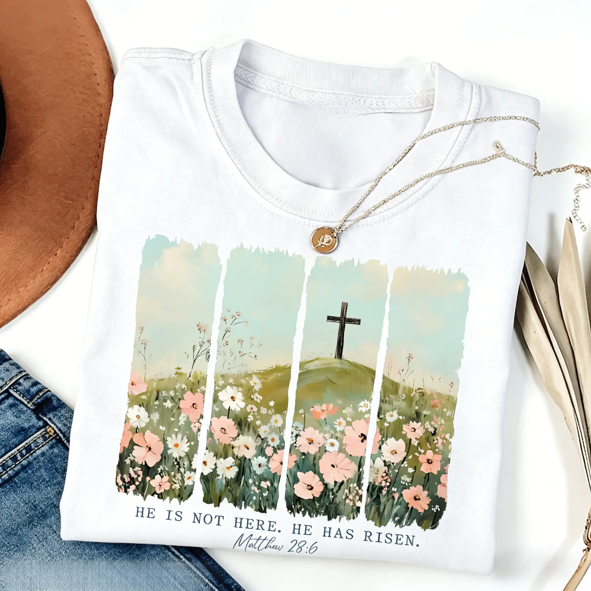 Women's Preppy Short-Sleeve Round Neck Cotton Casual Aesthetic Easter Christian T-Shirt - "He Is Not Here He Is Risen" Religious Apparel with Comfortable Fabric, Shortsleeve, Lady