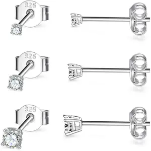 Sterling Silver Stud Earrings for Women- 3 Pairs Tiny Ball Stud Earrings Round CZ Cubic Zirconia Earrings Pearl Earrings Set Cartilage Small Tragus Earrings(2mm,3mm,4mm)