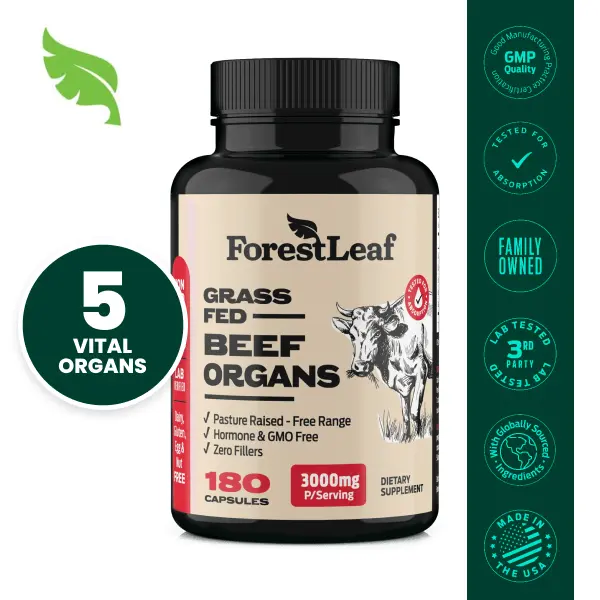 ForestLeaf Beef Organ Supplement - Grass Fed Pasture Raised - Total Body Wellness - Beef Liver, Heart, Kidney, Pancreas, Spleen - 3000mg-180 Capsules