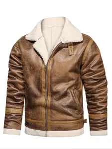 Men's Zipper Lapel Neckline Sherpa PU Jacket, Casual Long Sleeve Pocket Outerwear for Winter, Men's Clothes for Daily Wear Winter Fashion Clothing