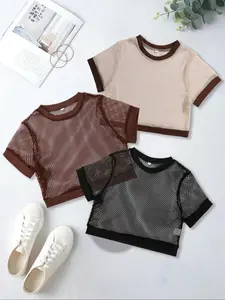 Women's Contrast Binding Hollow Out Sheer Basic Minimalist Tee, Loose Fit Casual Short Sleeve Round Neck Tops for Summer, Ladies Clothes for Daily Wear