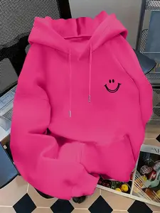Women's Casual Fashion Trendy Loose Fit Sweatshirt Hoodie with Smiley Face Print, Comfortable Fall & Winter Wear, Perfect for Daily Use