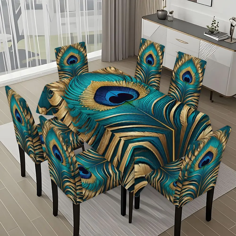5/7-piece 2D Flat Printing Blue and Gold Peacock Feathers Printing Pattern Tablecloth and Dining Chair Slipcover Set, for dining table and chair decoration, perfect for home, holiday gatherings, restaurants, and parties.
