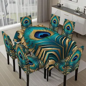 5/7-piece 2D Flat Printing Blue and Gold Peacock Feathers Printing Pattern Tablecloth and Chair Cover Set, for dining table and chair decoration, perfect for home, holiday gatherings, restaurants, and parties.