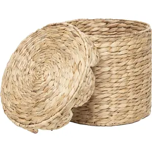 Round Wicker Laundry Hamper with Lid, Natural Hyacinth Woven scalloped basket,-Saving for Dirty Clothes - Bedroom & (Small)