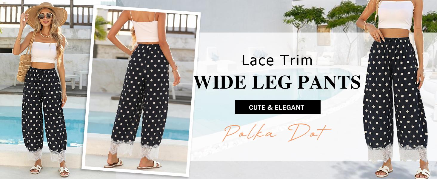 UANEO Womens Polka Dot Wide Leg Palazzo Pants High Waisted Summer Lace Trim Cropped Baggy Trousers with Pockets