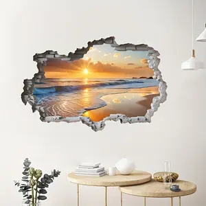 Modern Beach Wall Self-Adhesive PVC Sticker, Wall Art Stickers, 3D Sand Landscape for Living Room Bedroom Study Decor, Suggested for Glass Surface