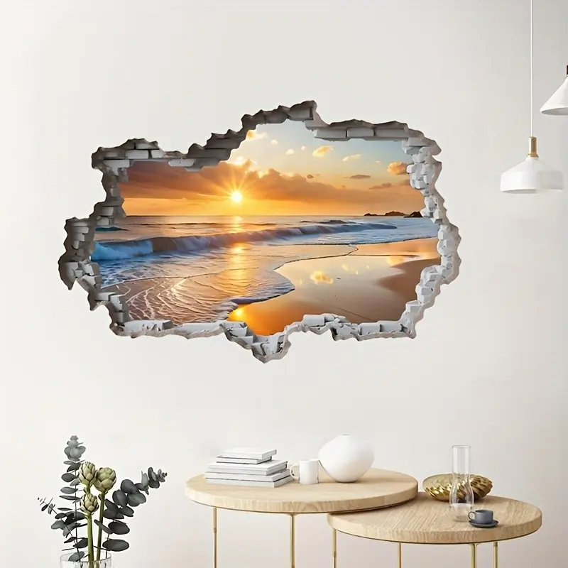 Modern Beach Wall Self-Adhesive PVC Sticker, Decorative Sticker, Wall Art Stickers, 3D Sand Landscape for Living Room Bedroom Study Decor, Suggested for Glass Surface