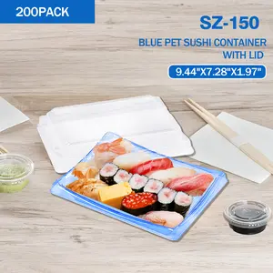 200 Sets 9.44"x7.28"1.97" Sushi Tray Disposable Sushi Container with Lid - Food Disposable Plastic Rectangular Sushi Blue Tray, Takeaway Containers for Appetizers Entrees, Desserts, Muffins Cheese Pastry Dessert Boxes