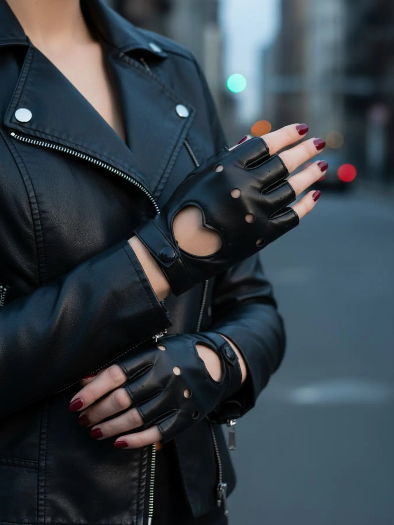 Women's Punk Style Half Finger Gloves, Hollow Heart Design, Slim Fit Casual Fashion Accessory, Spring Summer Wear