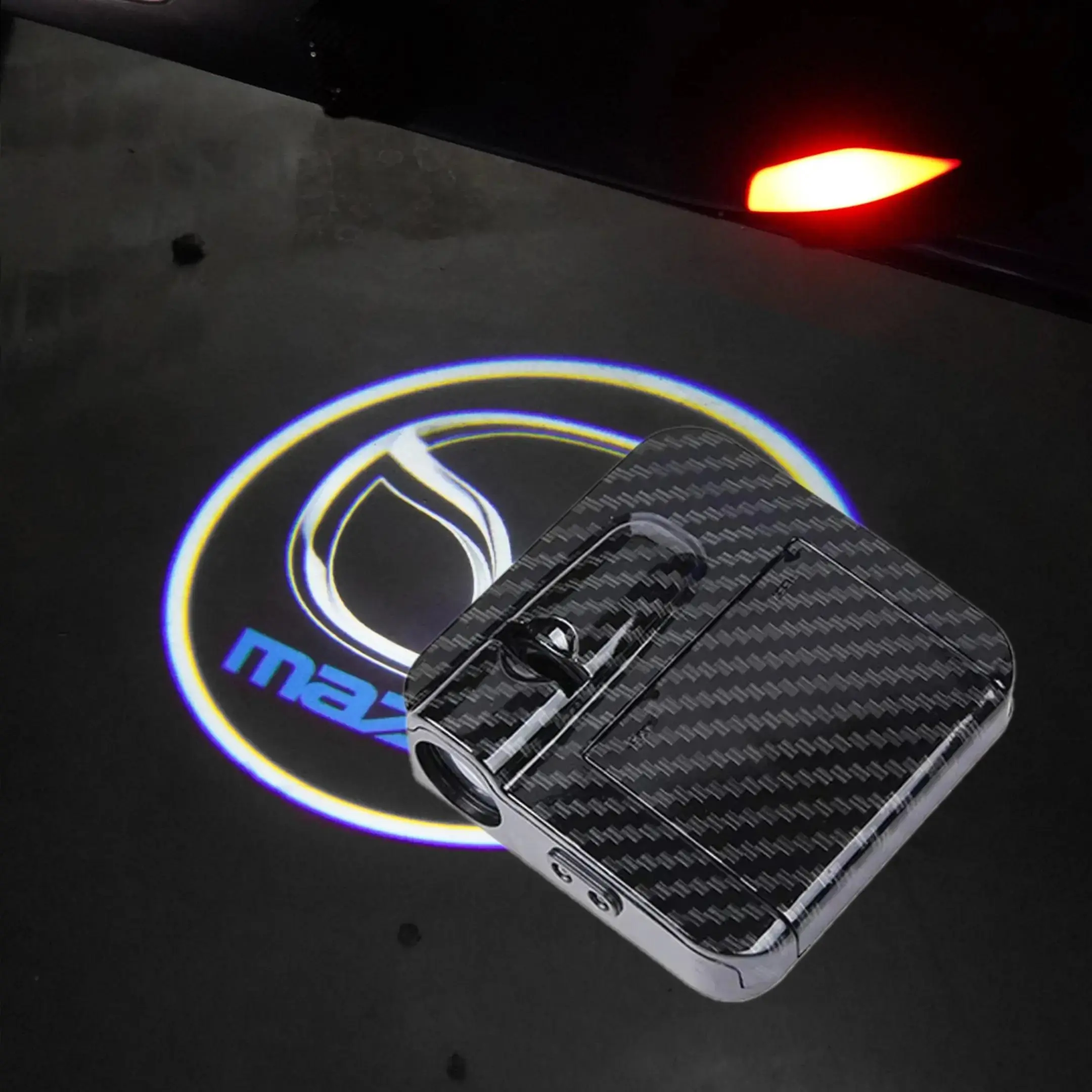 Mazda Inductive 3D Laser Car Logo Projector Lights - 2Pcs High-Bright Wireless Door Welcome Puddle Lamps with Carbon Fiber Design