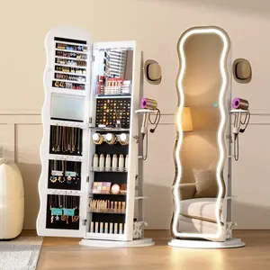 FREDEES LED Mirror Jewelry Cabinet Standing, 360° Swivel Jewelry Aromire Organizer with Wavy Mirror, Lockable Jewelry Mirror with Storage, Jewelry Cabinet, Interior Mirror, Foldable Shelf