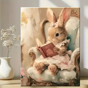 Cute Bunny Framed Canvas Artwork - Unique Pine Wooden Frame Print, Indoor Home Wall Decoration, Perfect Gift for Bedroom, Office Home Decor Supplies