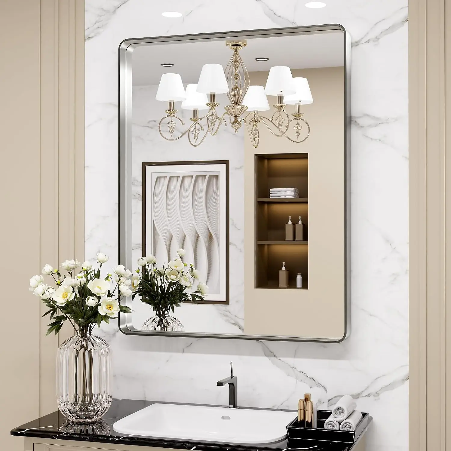 LOAAO 22X30 Inch Brushed Nickel Bathroom Mirror | Rounded Rectangle, Silver Metal Frame, Anti-Rust, Hangs Horizontally or Vertically