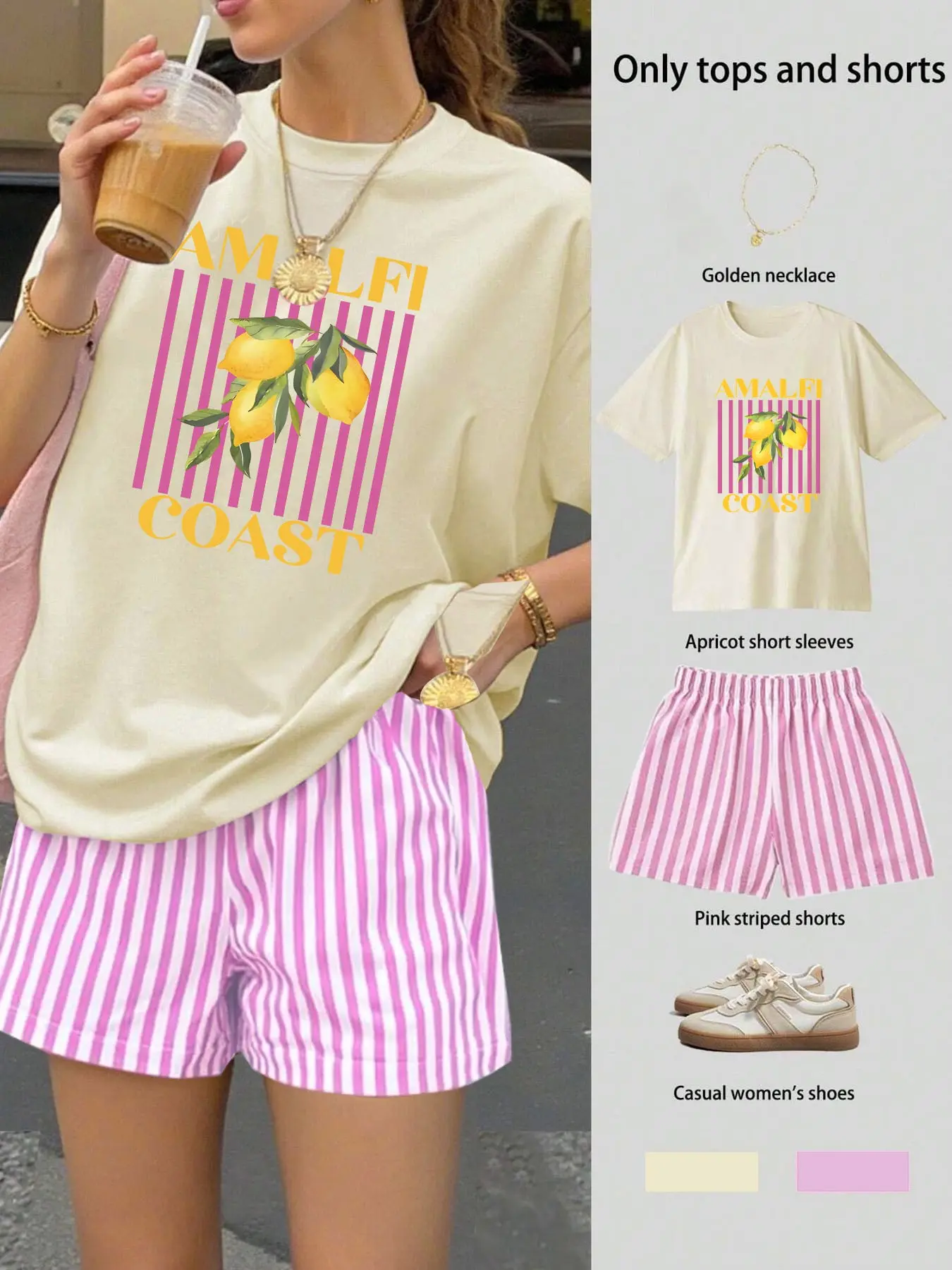 Women's Casual Loose T-Shirt And Striped Shorts Set, Chic Letter Stripe Lemon Print Two-Piece Outfit, Beach Summer Vacation Two-Piece Wear, Clothes
