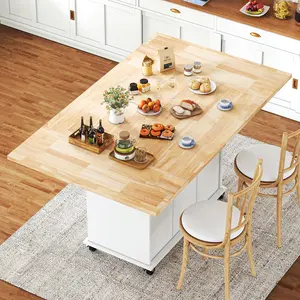 Rolling Drop Leaf Kitchen Island with Storage, Rubberwood Countertop Mobile Kitchen Cart with Lockable Wheels, Space Saving Prep Station for Small Kitchen Apartment