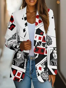 Women's Elegant Chic Fitted Poker Pattern Blazer Jacket, Single Button Pocket Design, Long Sleeve Woven Fabric, Fall & Winter Fashion Outerwear, Womenswear