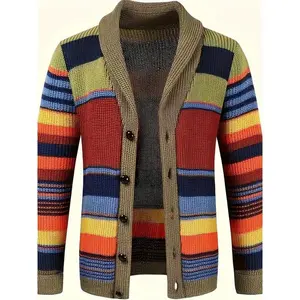 Plus Size Men's Contrast Color Knit Cardigan Sweater For Spring Fall Winter