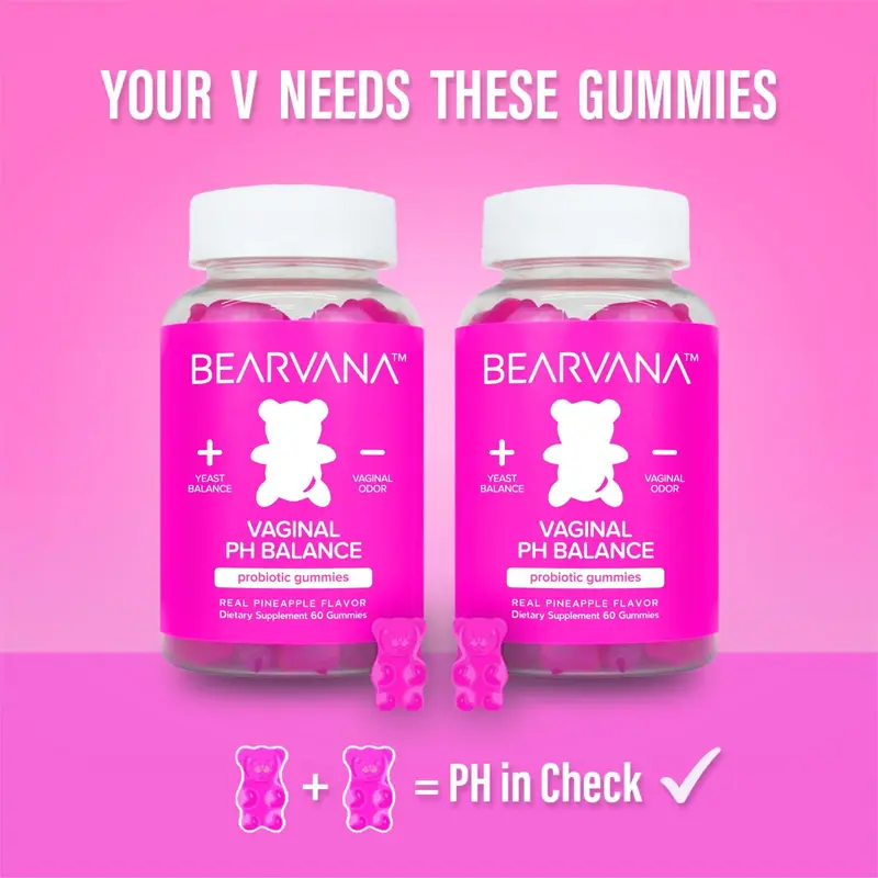 BEARVANA pH Balance Probiotic Gummies Double Pack - Women's Daily Vitamin, Dietary Healthcare Supplement, Real Pineapple Flavor, Intimate Care Probiotic & Prebiotic Supplements, 120 Gummies, 2-Month Supply