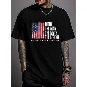 Men's & Women's Diddy The Myth Legend Dad US Flag Graphic T-Shirt - 100% Cotton Oversized Big & Tall Menswear Top, Casual Shortsleeve Round Neck Tee with Logo Print, All-Season Gift Vintage Streetwear Crewneck