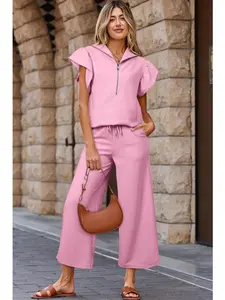 Pink Textured Ruffled Sleeve Zipped Top and Wide Leg Pants Set Casual Breathable Tank Top Set winter wear