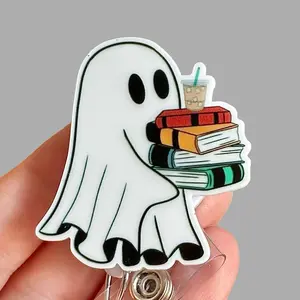 Glitter My Badge Halloween ghost with books nurse badge reel for nurse and hospital workers. Badge clip Badge pull - Retractable swivel clip with a 360 rotation. Great gift for coworker.