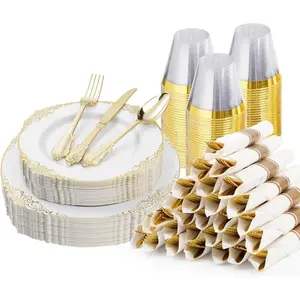 175 count  Plastic Plates for 25 Guests, Disposable Dinnerware Sets Include 50  Rim Plastic Plates, 25 Silverwares, 25 Cups, and 25 Pre Rolled Napkins for Party, Wedding and Graduation