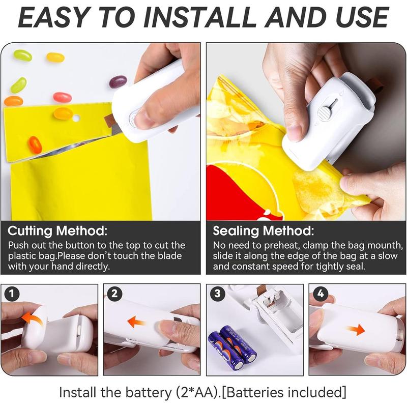 Mini Bag Sealer,  Handheld Heat Vacuum Sealer, 2 in 1 Heat Sealer and Cutter with Lanyard, Portable Bag Resealer Machine for Plastic Bags Food Storage Snacks Freshness (2xAA Batteries Included)
