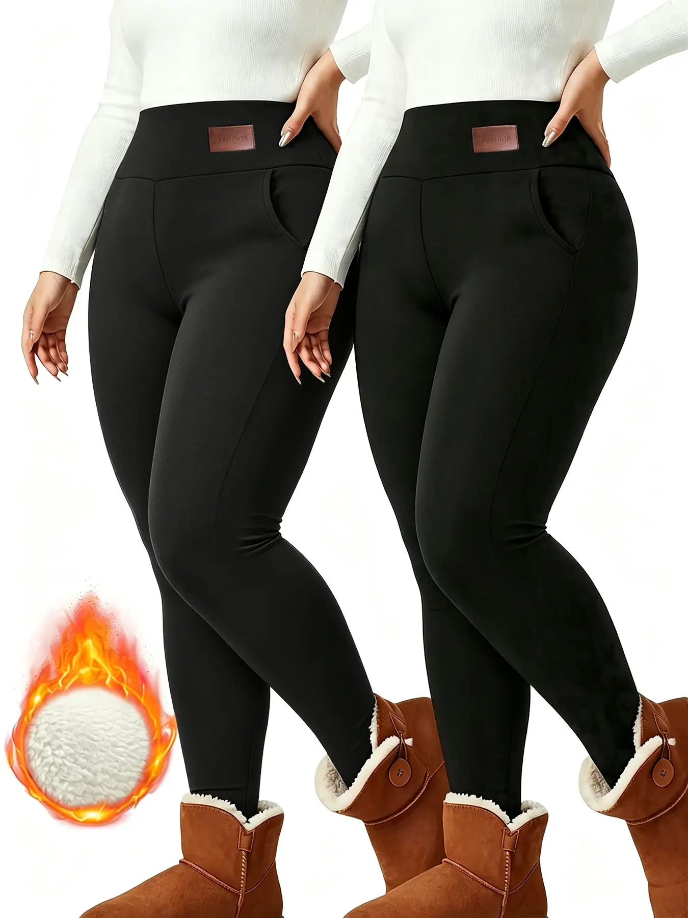Black 2pcs - Women's Winter Plus Size -Lined Leggings with Pockets, 400g Faux, Thickened Warm Thermal Underwear, Pants, Lounge Pants High Waist Sports Leggings design tiktokshopbacktoschool