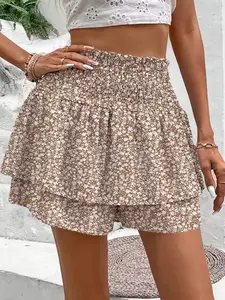 Women's Vacation Style Boho Small Floral High Waist Elastic Waist Casual Fashion Skirt Pants, Perfect for Daily Wear and Beach Holidays, Womenswear