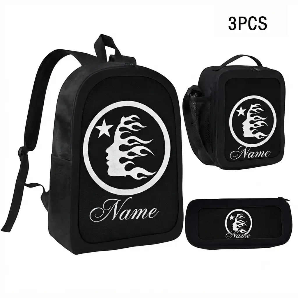 Hell Star Portrait Print 3pcs Set, Black Waterproof Backpack+Insulated Lunch Bag+Pencil Case, Retro Street Style School Kit for Teenagers, Unisex Trendy Campus Daily Storage Combo
