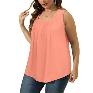 s-3xl Summer Tank Tops for Women Loose Fit Pleated Square Neck Sleeveless Tops