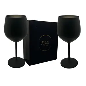 K&K Home Black Matte Stainless Steel Unbreakable Wine Glasses - 18 oz - Set of 2 Colored, Stemmed Metal Wine Glasses Perfect for Outdoors, Weddings, and Fancy Gatherings